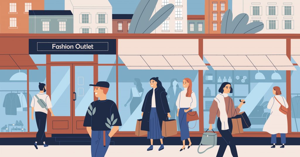 ilustración tienda de ropa por fuera con personas caminando